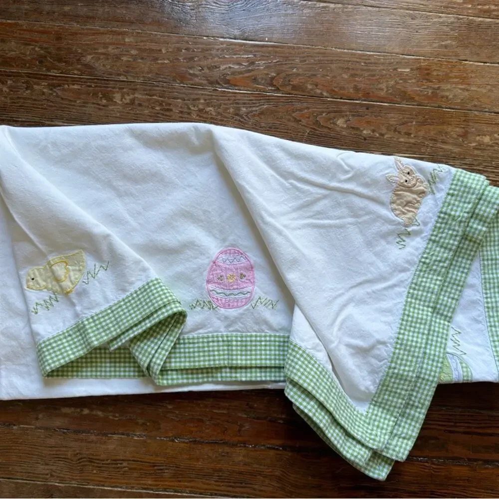Pottery Barn Kids Easter Cotton Tablecloth Bunny Embroidered Square 60”x61”